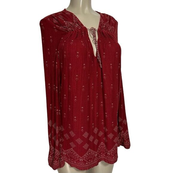 Lucky Brand Brick Red Top Women’s Large Long Sleeve Boho Blouse Tassel Popover - Picture 9 of 14
